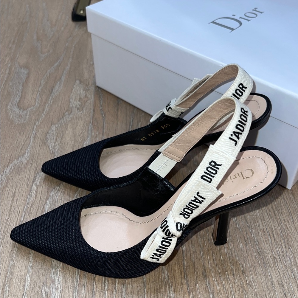 Dior Black and Cream Slingback Pointed Toe Heels - Picture 3 of 16